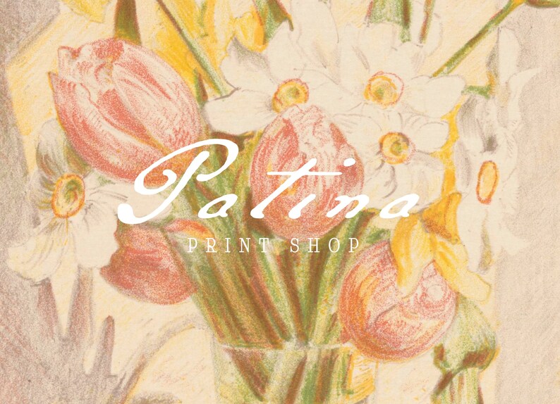 May include: A bouquet of pink tulips and yellow daffodils in a glass vase. The flowers are drawn in a vintage style with pencil and colored pencils. The text "Patina Print Shop" is written in white cursive lettering.