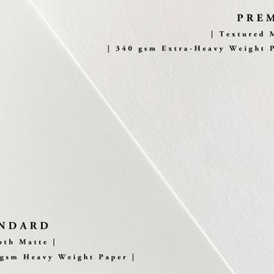 May include: Two white paper samples with text describing the paper type and weight. The left sample is labeled "STANDARD | Smooth Matte | 230 gsm Heavy Weight Paper |" and the right sample is labeled "PREMIUM | Textured Matte | 340 gsm Extra-Heavy Weight Paper |"