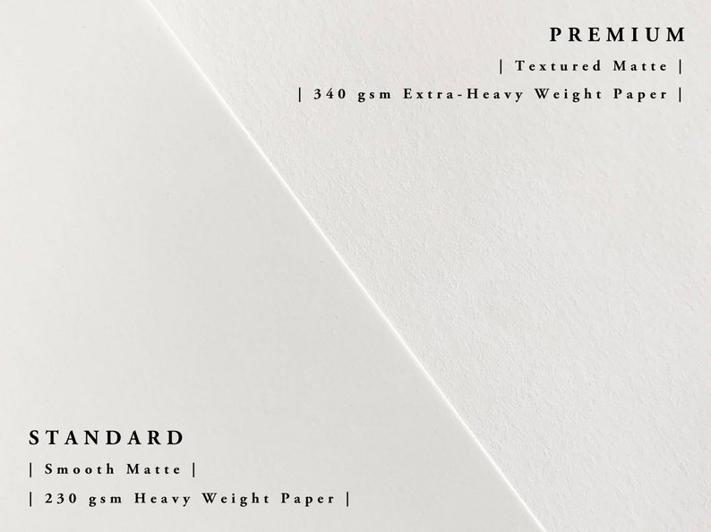 May include: Two white paper samples with text describing the paper type and weight. The left sample is labeled "STANDARD | Smooth Matte | 230 gsm Heavy Weight Paper |" and the right sample is labeled "PREMIUM | Textured Matte | 340 gsm Extra-Heavy Weight Paper |"