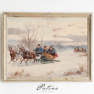 K&ouml;nnte beinhalten: Ein gerahmter Druck im antiken Stil zeigt eine Winterszene mit Pferdeschlitten. Das Kunstwerk zeigt eine verschneite Landschaft, kahle B&auml;ume und Figuren in Winterkleidung. Der Druck hat eine Vintage-&Auml;sthetik mit ged&auml;mpften Farben.