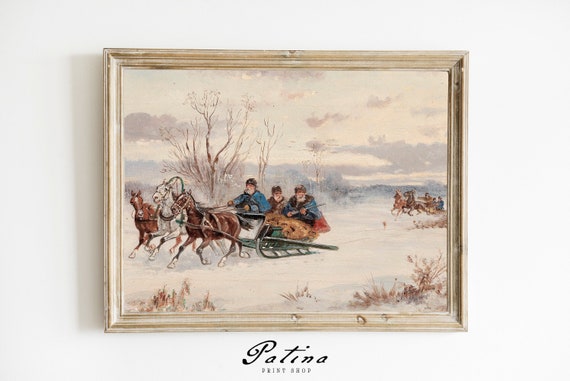 Vintage Winter Print | Christmas Painting | Winter Decor | Winter Landscape | Farmhouse Holiday | Printable Wall Art | SLEIGH RIDE | 276