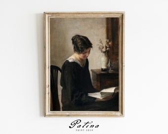 Woman Reading Painting | Vintage Woman Reading Print | Antique Interior Scene | Moody Wall Art | Printable | BOOK LOVER | 522
