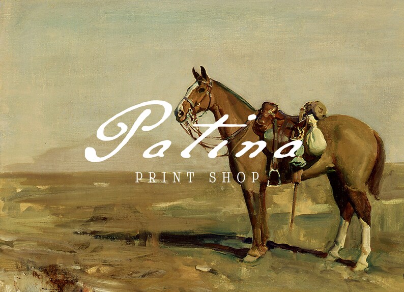 May include: A painting of a brown horse with a saddle and bags standing in a field. The text "Patina Print Shop" is in the foreground.