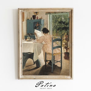 Vintage Woman Reading Print | Antique Interior Scene Painting | Female Portrait Art | French Farmhouse Decor | MORNING NEWSPAPER | 602