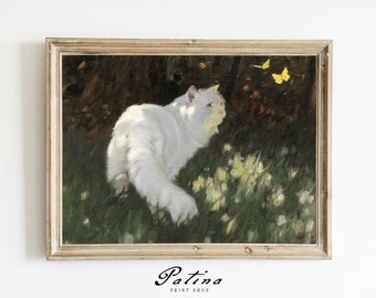 Impresión de gato vintage / Arte animal / Pintura de gato antigua / Arte de gato / Arte de pared imprimible / GATO BLANCO / 426