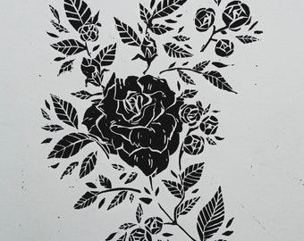 Roses Linoprint, Botanical Linocut Print, Original Hand Printed, Plant Art, Rose Handmade Wall Art, Gift For Home