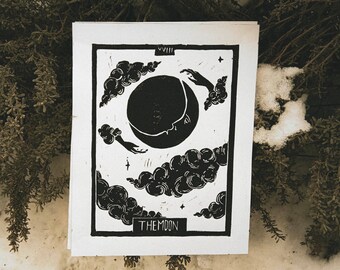 Handbedruckte Mond Tarot Karte Kunstdruck, Schwarz-Weiß Wandkunst, Boho Dekor, handgemachter Tarot Linoldruck