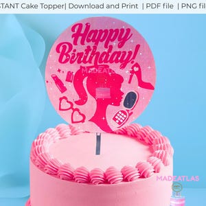 Adorno para tarta de Barbie con cabeza de muñeca, descarga instantánea. Adorno rosa para tarta imprimible.