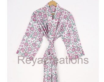 Sleepwear Cotton Kimono Robe, Indian Handmade Block Printed Cotton Kimono Robe, Floral Kimono, Multi Color Hand Block Kimono Night Gown Robe