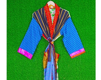 Indian Handmade Silk Kimono Robe, Women Night Dress, Resort Wear Bikini Cover up Silk Kimono Robe, Patchwork Kimono, Plus Size RS 4019