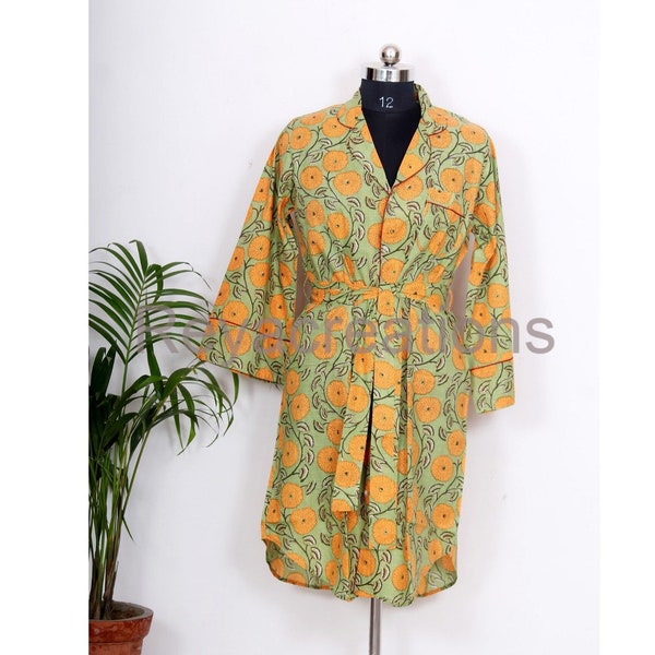 Honeymoon Wear Long Shirt, Handmade Block Print Cotton Kimono Style Shirt, Maternity Robe Boho Hippie Robe, Women Dressing Gown Gift For Her