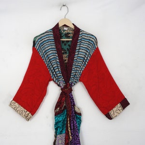 Indian Recycled Saree Kimono Vintage Silk Maternity Gown, Silk Patchwork Kimono, Floral Kimono, Dressing Gown, Robe, Beachwear RS-3393