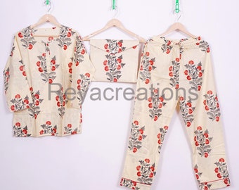 Beautiful Floral Printed Stylish Pyjama Set Round Neck Pj Set Shirt With Pant, Handmade Block Printed Pajama Set, Resort Wear Pj Set