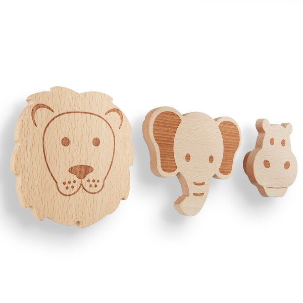 Kindergarderobe (3er Set) Löwe Elefant Hippo – Eine moderne Garderobe für Kinder mit präziser Lasergravur – Aus naturbelassenem Holz