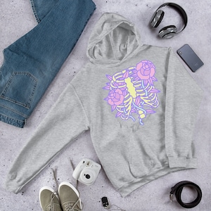 Pastel Goth Hoodie, Rib Cage And Roses Hoodie, Kawaii Sweater, Alt Clothing, Soft Grunge, Egirl, Edgy, Emo, Yami Kawaii, Plus Size Goth Sport Grey