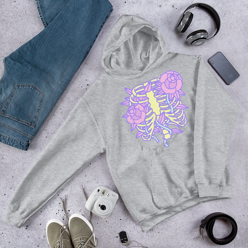 Pastel Goth Hoodie, Rib Cage And Roses Hoodie, Kawaii Sweater, Alt Clothing, Soft Grunge, Egirl, Edgy, Emo, Yami Kawaii, Plus Size Goth Sport Grey