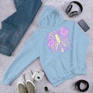 Pastel Goth Hoodie, Rib Cage And Roses Hoodie, Kawaii Sweater, Alt Clothing, Soft Grunge, Egirl, Edgy, Emo, Yami Kawaii, Plus Size Goth Light Blue