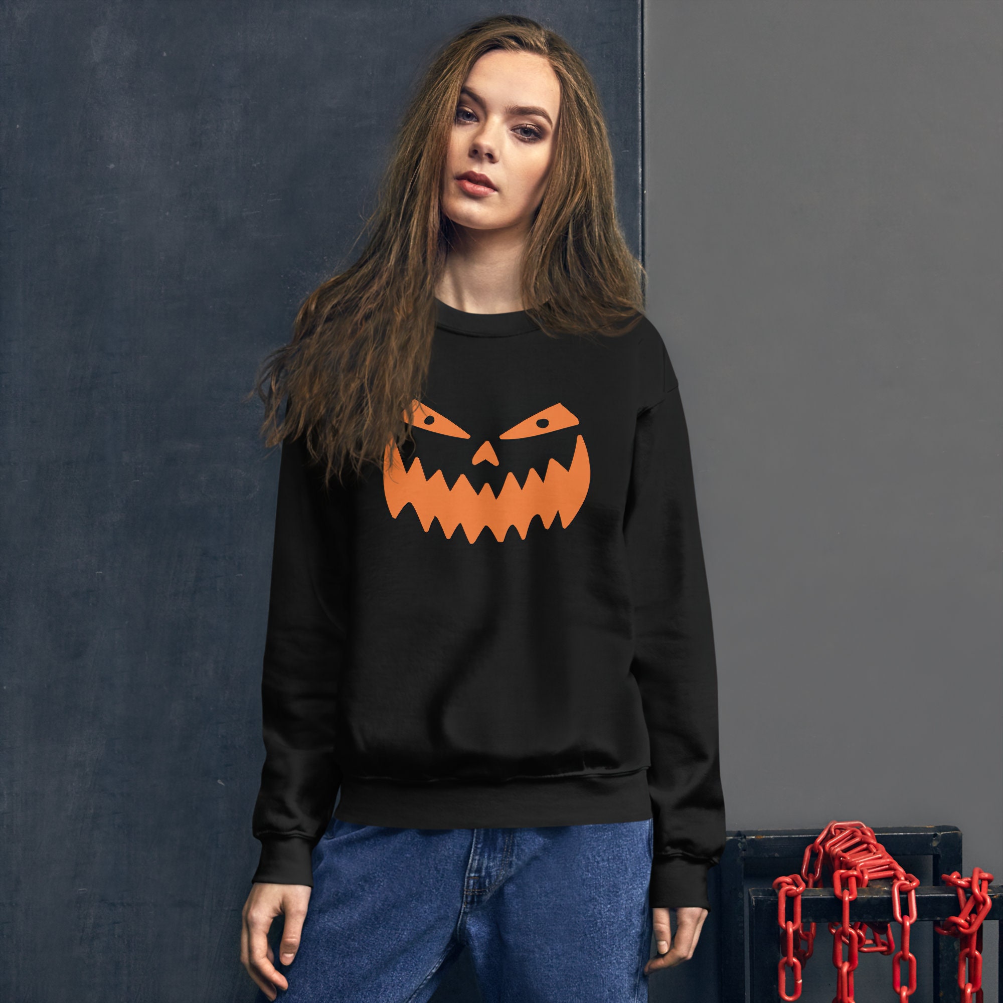 Discover Spooky Pumpkin Halloween Sweatshirt, Halloween Crewneck, Halloween Costume, Halloween Sweater, Creepy Gift, Plus Size Halloween, Orange