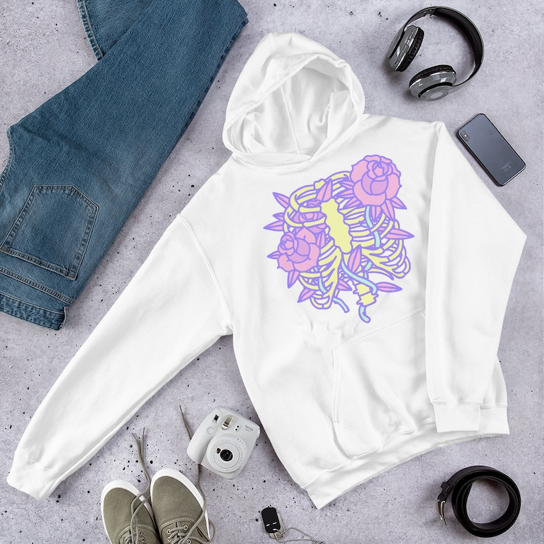 Pastel Goth Hoodie, Rib Cage And Roses Hoodie, Kawaii Sweater, Alt Clothing, Soft Grunge, Egirl, Edgy, Emo, Yami Kawaii, Plus Size Goth White