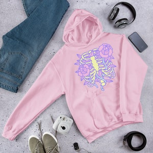 Pastel Goth Hoodie, Rib Cage And Roses Hoodie, Kawaii Sweater, Alt Clothing, Soft Grunge, Egirl, Edgy, Emo, Yami Kawaii, Plus Size Goth Light Pink
