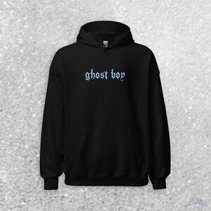 May include: Black hooded sweatshirt with the text "ghost boy" in light blue gothic lettering.