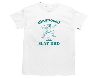 Diagnosi di Slay-DHD, divertente camicia ADHD, maglietta rana, camicia Y2k stupida, camicia vintage stupida, maglietta dei cartoni animati sulla salute mentale, maglietta meme sciocca