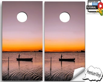 Cornhole Vinyl Wraps WITH VIDEO INSTRUCTIONS - Sunset With Fisherman  - cornhole Wraps , cornhole Decals , cornhole board decals  E-19