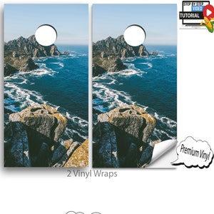 Cornhole Vinyl Wraps WITH VIDEO INSTRUCTIONS- Ocean Mountains - cornhole Wraps , cornhole Decals , cornhole board decals , E-15
