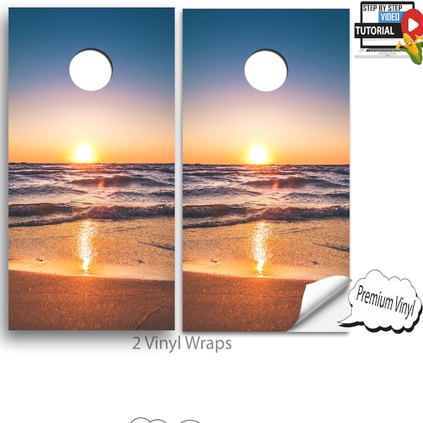 Cornhole Vinyl Wraps WITH VIDEO INSTRUCTIONS-Beach Sunset Paradise Vinyl Wrap - cornhole Wraps , cornhole Decals ,cornhole board decals  E-9