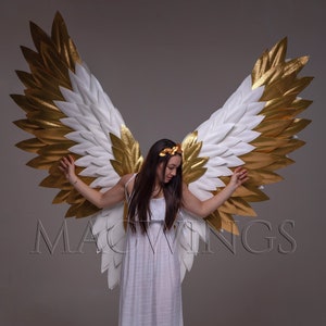 White and gold wings, Large wings, Angel wings costume cosplay, Cupid wings, Gold tips, Adult wings photo prop woman, Adult angel costume