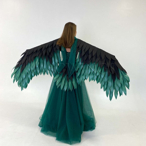 Black green bird wings, Bird costume wings and tail, Green and black cosplay wings, Black and green wings, Halloween wings costume adult