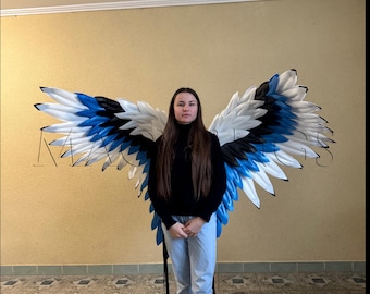 Magpie cosplay, Extra large angel wings, Blue white and black color, Large XL wings, Angel costume, Bird cosplay, Wings cosplay, Photo props