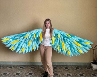Blue phoenix costume cosplay Movable arm wings Teal bird wings for arms Blue wings one piece phoenix Comicon Halloween costume prop adult
