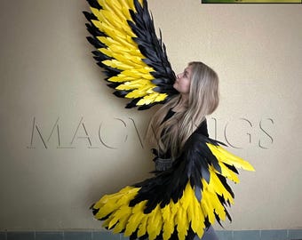 Black and yellow bird costume, Wings and tail cosplay costume adult, Hand wings, Flexible hand wings, Halloween costume