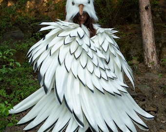 Snow Owl Costume Set, Moving White Bird Wings for Arms, Handmade Owl Cosplay with Headdress and Vest, Halloween Masquerade Outfit