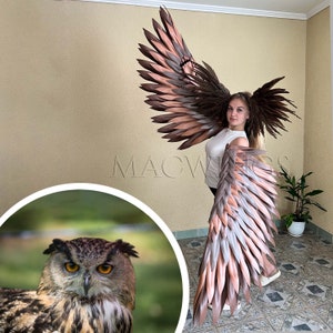 Brown owl costume wings and headpiece, Arm wings open hands Brown bird wings cosplay costume adult Halloween costume brown owl eagle hawk