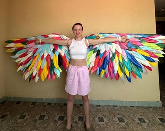 Colorful Movable Angel Wings for Adult Dance, Bright Flexible Costume Wings, Handmade Stage Performance Prop, Festival Cosplay Photo Wings