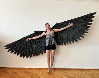 Movable black wings, Devil wings, Fallen angel costume flexible wings, Adult bird wings cosplay, Photo prop Halloween photoshoot, pageant