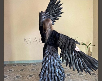 Black bird wings and tail Crow costume wings for arms open hands costume cosplay, Harpy Raven Crow arm wings on arms Halloween costume adult
