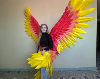 巨大なフェニックスの天使の翼のコスチューム、手作りの鳥の尻尾、大きな赤と黄色の羽の翼、燃える炎の翼、フェスティバル、コスプレ、写真撮影用
