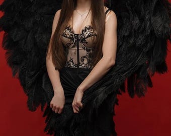 Black Angel Wings – Large Feather Costume for Women, Gothic Halloween Outfit, Dark Fantasy Cosplay, Dramatic Photo Prop, Wings for Women