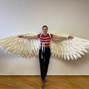 May include: A person wearing a red and white striped shirt and black trousers is holding out large white angel wings. The wings are made of feathers and are very detailed.