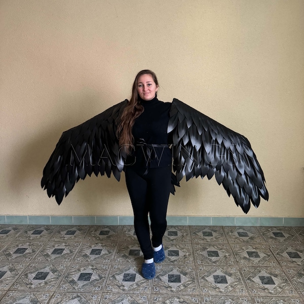 Black wings and tail, Bird wings for arms, Crow costume, Black bird costume cosplay, Harpy Raven Crow wings on arms, Halloween costume adult