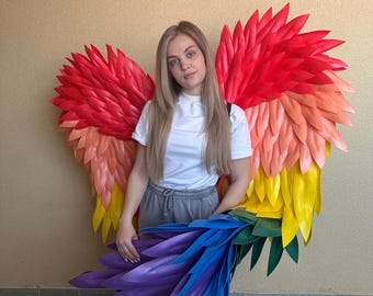 Alas de ángel arcoíris gigantes hechas a mano, alas grandes de plumas sintéticas para disfraz, atuendo para festival del orgullo, alas coloridas para cosplay, accesorio para sesión de fotos
