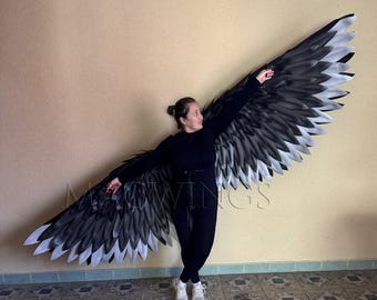 Movable black and gray wings, Crown costume flexible wings, Adult bird wings cosplay, Photo prop Halloween photoshoot, pageant, Large wings