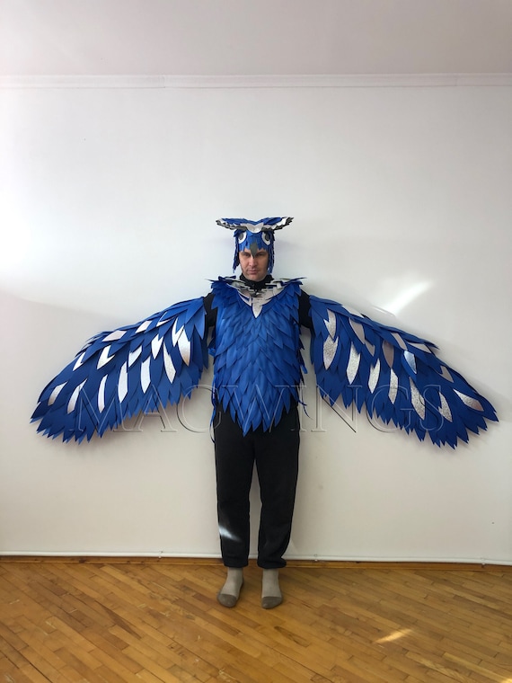 青いフクロウのコスチューム 鳥の翼 腕の翼 鳥のコスチュームのコスプレ 青い鳥のコスチューム 腕の翼 ハロウィンコスチューム ダークブルーの鳥 - 日本