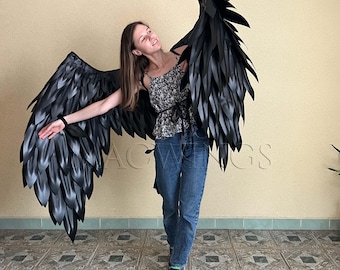 Black movable wings, Devil wings Fallen angel costume Adult wings dark angel cosplay Photo prop Halloween shoot bird wings Raven Crow Harpy