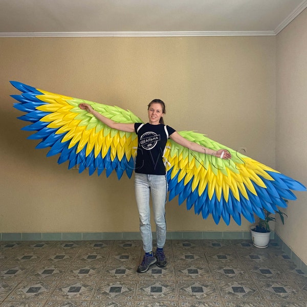 Green macaw wings costume Movable Bird wings wings for dance, Colorful bird costume Photo prop macaw cosplay adult wings green yellow blue