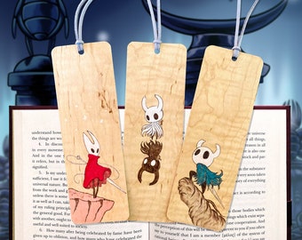 Marque-pages Hollow Knight | Marque-page en bois fait main | Art de chevalier creux | Chant de la soie | Frelon | Cadeau de nuit creuse | Marque-page personnalisé | Jeu vidéo