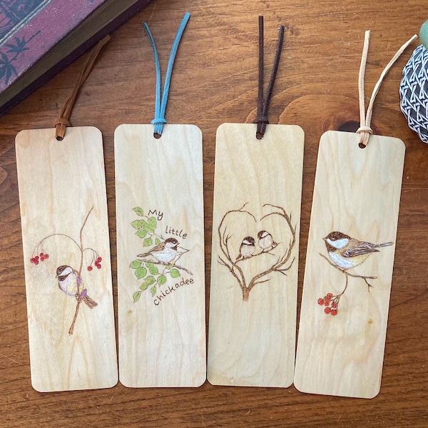 Chickadee Bird Bookmarks | Handmade Wood Bookmark | Chickadee Art | Bird Art | Chickadee on Branch | Bird lover Gift | Personalized Gift